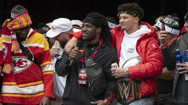 Feb 15, 2023; Kansas City, MO, USA; Kansas City Chiefs linebacker Nick Bolton gives a speech at the Super Bowl LVII Champions Parade in downtown Kansas City, Mo. Mandatory Credit: Amy Kontras-USA TODAY Sports  